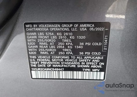 2022 Volkswagen Atlas 3.6L V6 Se W/Technology z USA, uszkodzony, nr VIN 1V2JR2CA9NC548447